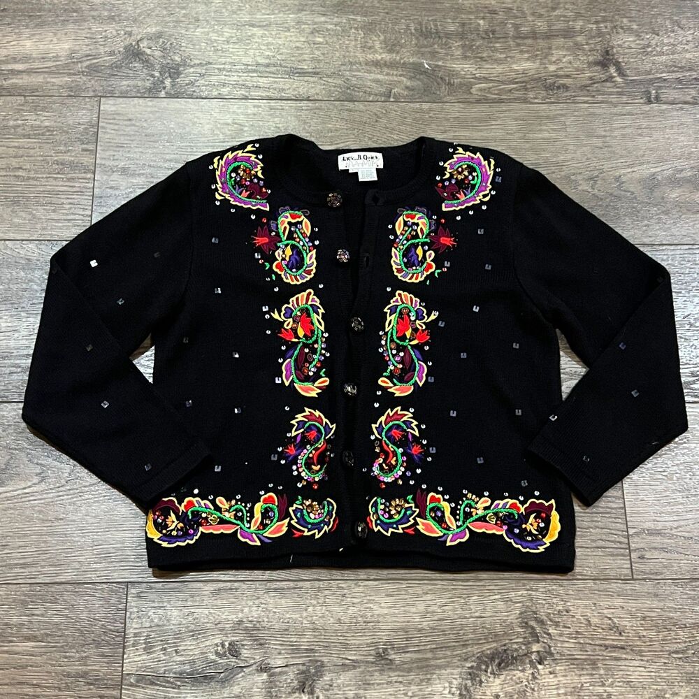 Vintage 90s Jack B Quick Embroidered Cardigan Sweater Black Paisley Beaded Large